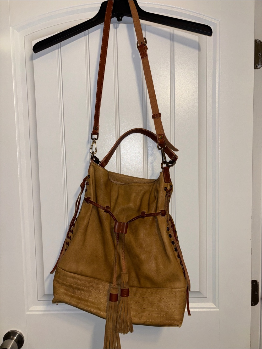 Altar’d State Tan Leather Boho Bag With Tassels